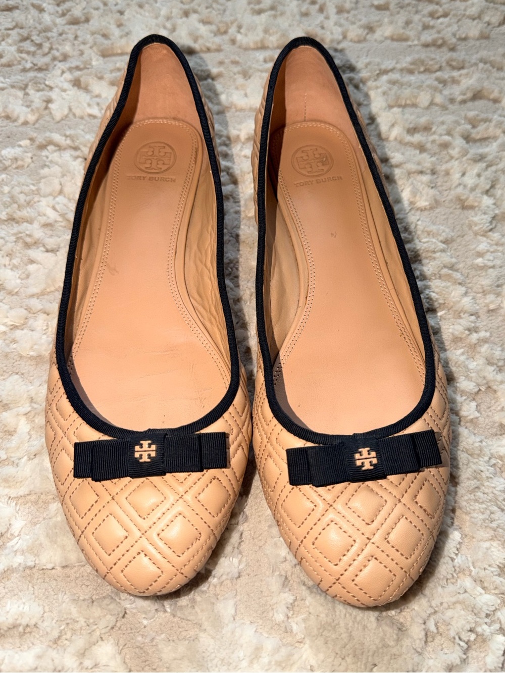 Tory Burch Quilted Beige Leather Ballet Flats with Black Trim